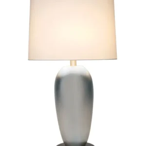 Tischleuchte Lambda Oval Grande mit grauem Keramikfuß, ovalem Design und cremefarbenem Stoffschirm, Frontansicht