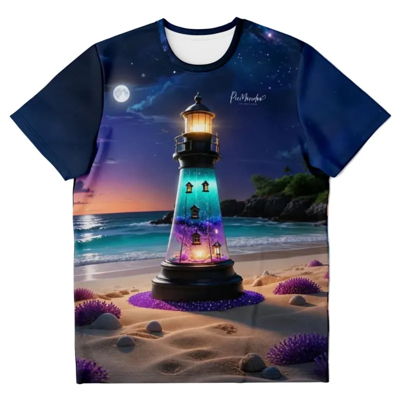T-Shirt mit Leuchtturm-Motiv im Stil von Diamond Painting am Strand unter dem Sternenhimmel