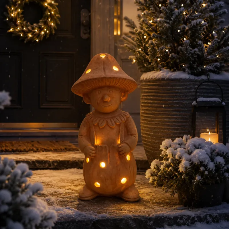 Terracotta Gartenfigur Pilzmännchen 48 cm Windlicht Gartendeko Garten Terrasse