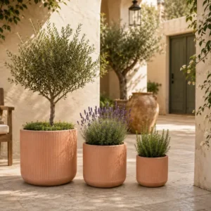 Terracotta Blumentopf Modern Geriffelt Pflanzkübel Frostfest Innen Außen 3 Große