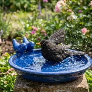 Vogeltränke dekorativ zwei Vögelchen blau glasiert 30 cm Wildvögel Voliere