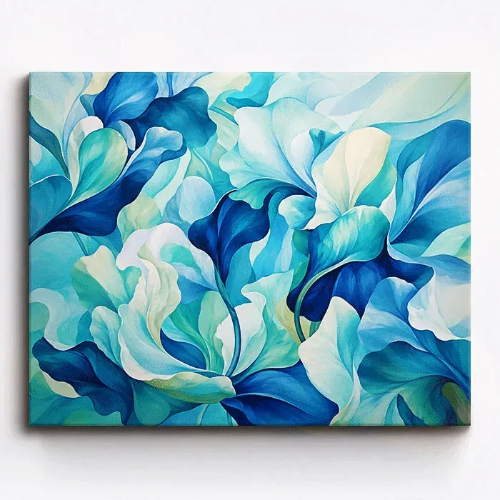 Malen nach Zahlen für Erwachsene Motiv Blaue Poesie mit abstrakten, floralen Wellen in Blau, Türkis und Mintgrün.