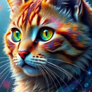 Diamond Painting Katze Sternenpfote mit buntem Fell, magischen Sternen und glitzernden AB-Steinen für ein Tierportrait.