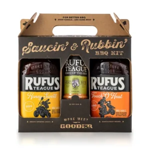 Rufus Teague BBQ-Set mit Honey Sweet BBQ Sauce, Touch O’ Heat BBQ Sauce und Meat Rub.