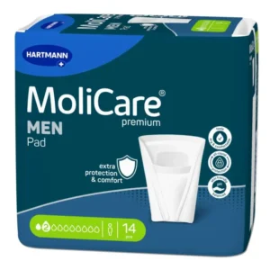 Bild zeigt eine Packung der MoliCare Premium Men Pad Inkontinenzprodukte, präsentiert in einer ansprechenden Anordnung. Die Verpackung ist in einem klaren, modernen Design gehalten, vorwiegend in Weiß und Blau. Das Produkt ist für Männer konzipiert und bietet eine hohe Absorption für sicheren Schutz. Auf der Vorderseite der Packung sind produktbezogene Informationen sowie das PZN-Label deutlich sichtbar.