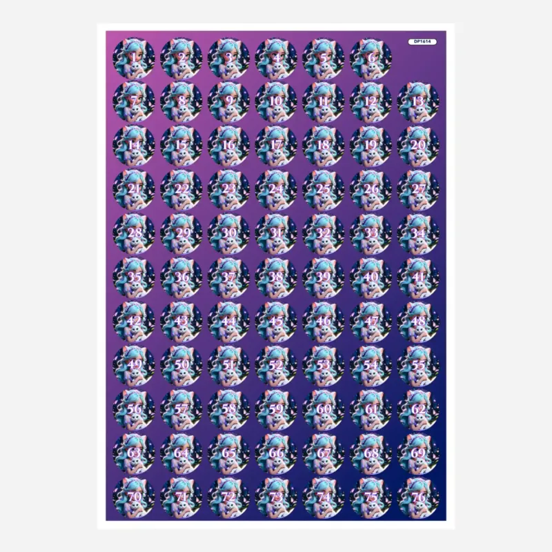 Buntes Döschenaufkleber-Set Kim Kitty Girl für die Diamond Painting Sortierung mit nummerierten Motiv-Stickern