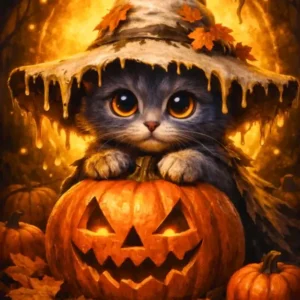 Diamond Painting Set: Niedliche Katze als Hexe mit Zauberhut auf einem leuchtenden Halloween-Kürbis im Herbstwald.