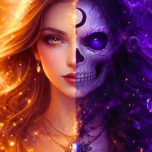 Diamond Painting Set mit mystischem Fantasy-Portrait einer Frau und Totenkopf im Kontrast von Licht und Dunkelheit.