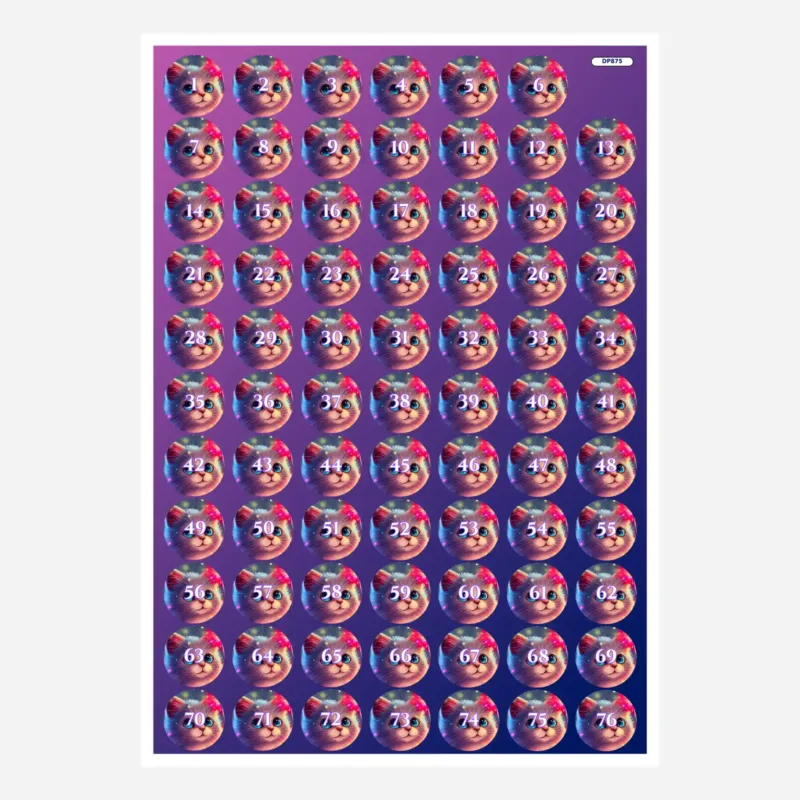 Döschenaufkleber Zauberkätzchen für Diamond Painting mit nummerierten Kätzchen-Motiven zum Sortieren der Steinchen.