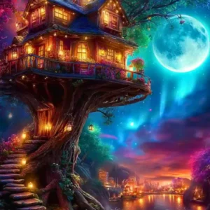 Diamond Painting Set: Märchenhaftes Baumhaus am Fluss unter einem Vollmond in einer magischen Waldnacht voller Lichter.