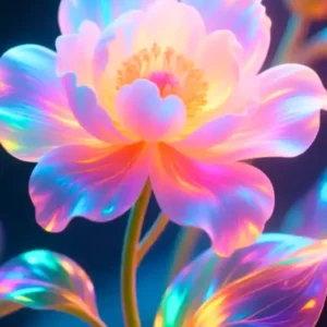 Diamond Painting Set Inneres Leuchten mit einer magisch leuchtenden, bunten Fantasy-Blume in zarten Regenbogenfarben.