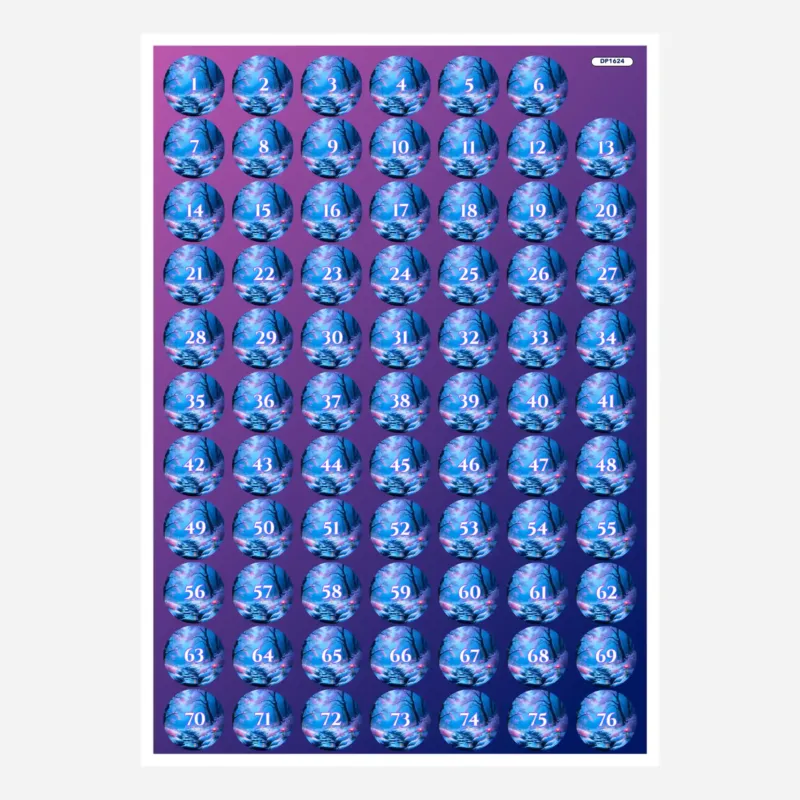 Bogen mit runden Döschenaufklebern für Diamond Painting Zubehör mit Zahlen 1 bis 76 für das Motiv Fluss der Träume.