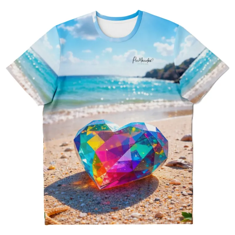 Weißes T-Shirt mit farbenfrohem Crystal-Heart-Motiv, das an Diamond Painting Leidenschaft erinnert.