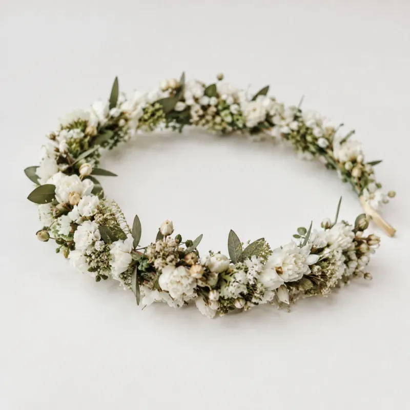 Haarreifen aus trockenblumen mit Eukalyptus parvifolia und hellen details wie Glixia ideal für Bräute oder zu deinem Dirndl am Oktoberfest.