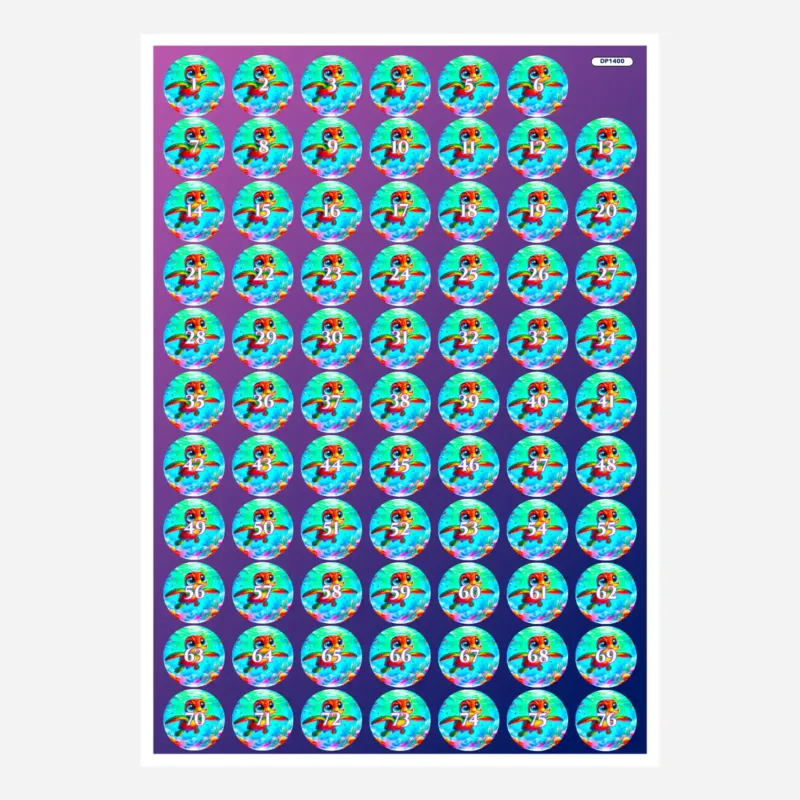 Buntes Döschenaufkleber-Set mit Meeresschildkröte Lotta zur Organisation von Diamond Painting Zubehör und Steinchen.