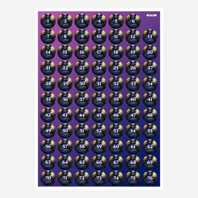 Bogen mit runden Döschenaufklebern für Diamond Painting Zubehör mit Zahlen von 1 bis 76 für das Motiv Mystisches Nachtwesen