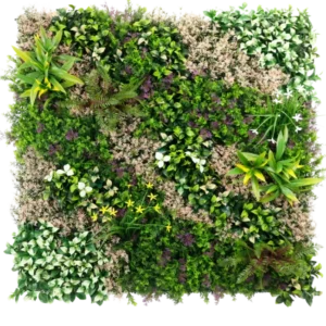 Die künstliche Hecke Pinky Love 100 x 100 cm UV ist ein quadratischer vertikaler Garten mit einer dichten Mischung aus grünen Blättern mit rosa Akzenten, die in einem natürlichen Muster auf weißem Hintergrund angeordnet sind.