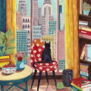 Cat in front of window in New York bright colours