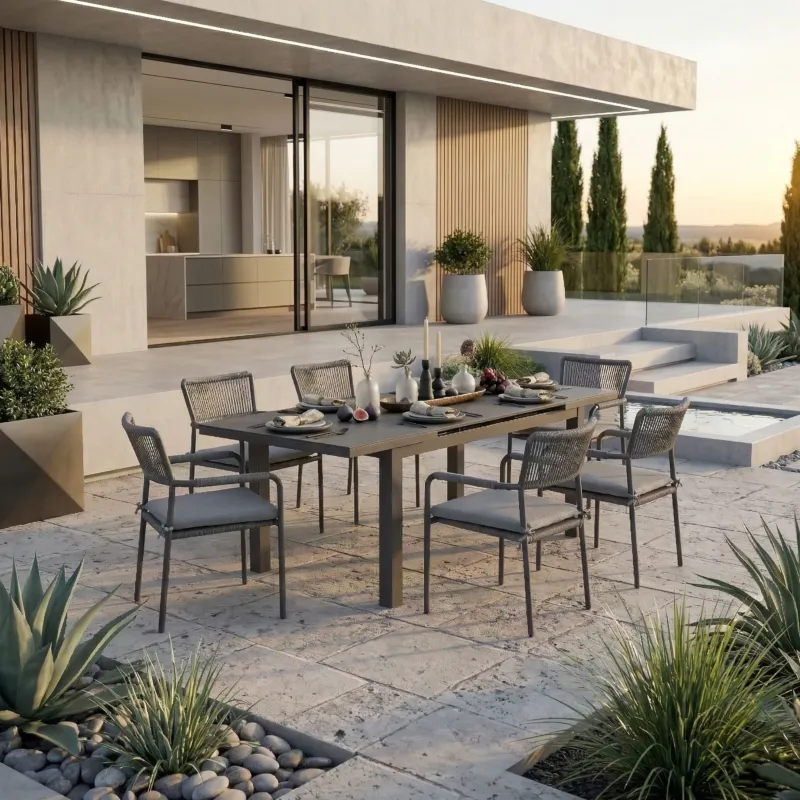 SUMMER SALE ☀️⛱️🏝️ 13 tlg. Premium Essgruppe Madri Nero / 6x Stapelsessel & Sintered Stone Ausziehtisch