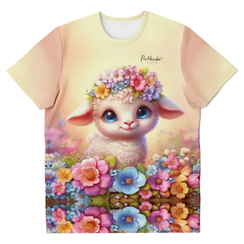 T-Shirt mit Osterlämmchen-Motiv und Blumenkranz im Stil von Malen nach Zahlen und Diamond Painting Designs