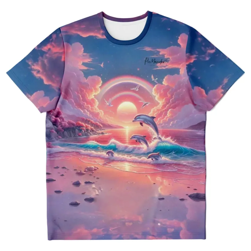 Dreamer T-Shirt Pinkes Meeresrauschen mit Delphinen, Regenbogen und Sonnenuntergang im Stil von Diamond Painting Kunst