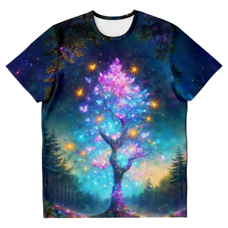 T-Shirt mit Schmetterlingsbaum-Motiv, inspiriert von Diamond Painting Kunst in leuchtenden Farben und magischem Wald-Design.