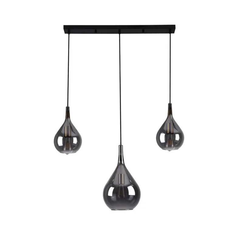 3er Pendelleuchte Gota – Rauchglas Schwarz, Retro Design, 88 cm