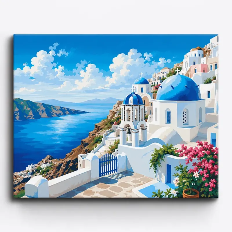 Malen nach Zahlen für Erwachsene: Sehnsucht nach Santorini mit weißen Häusern, blauen Kuppeln und Ägäis-Ausblick.
