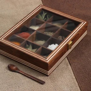 Wood Spice Box for Kitchen Table Top Masala Box with 12 Compartment and Spoon
