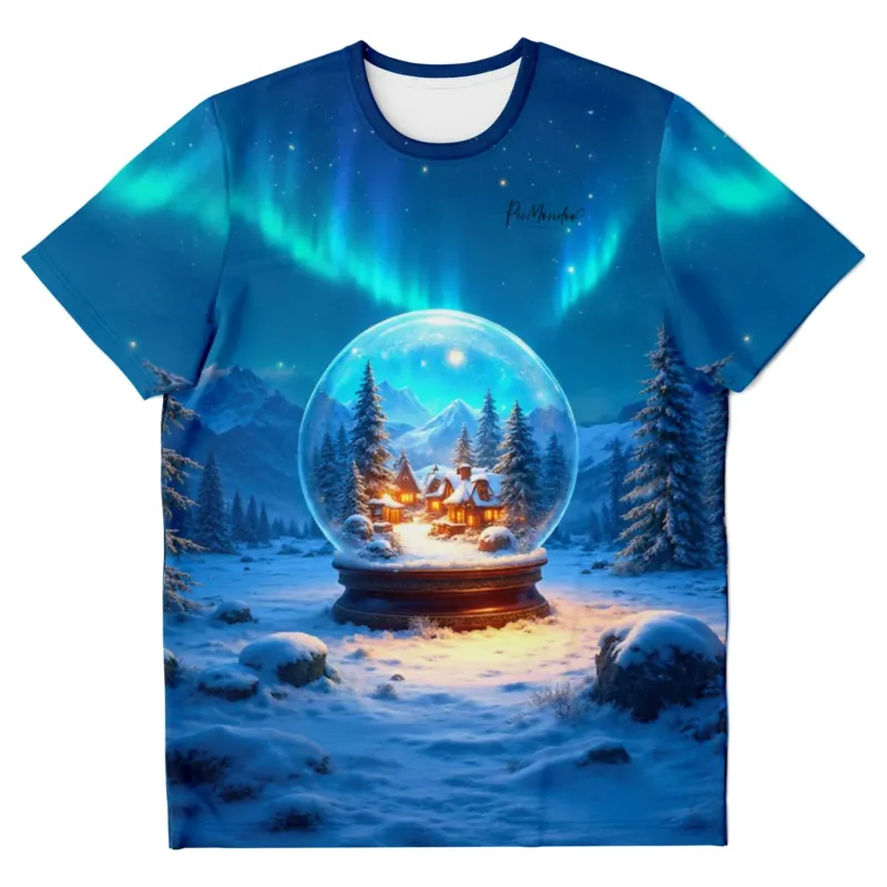 T-Shirt mit Diamond Painting Motiv: Schneekugel im Winterwald mit Nordlichtern, passend zu Malen nach Zahlen für Erwachsene