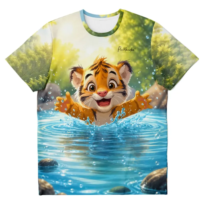 T-Shirt Platsch ins Glück mit süßem Tiger-Motiv im Wasser, passend zu Diamond Painting und Malen nach Zahlen Designs.