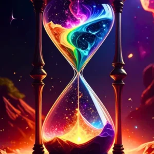 Funkelndes Diamond Painting Set Atem der Schöpfung mit einer magischen, bunten Sanduhr im Kosmos-Design.