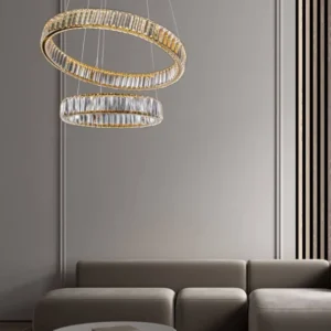 Aurelia LED Pendelleuchte Ø 60cm 2-flammig mit Chromring und K5 Kristallen, moderne Hängelampe für Wohnzimmer