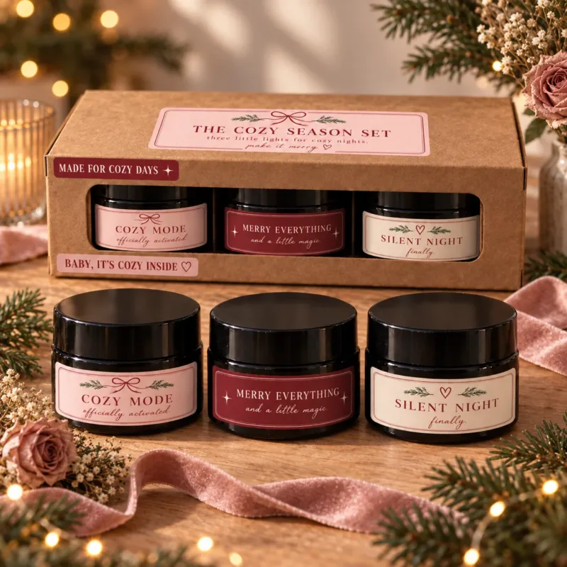 THE COZY SEASON SET mit drei kleinen Duftkerzen im schwarzen Glas und weihnachtlicher Geschenkverpackung