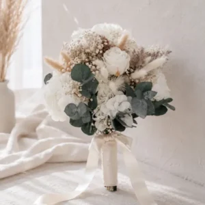 Boho Brautstrauß mit Trockenblumen, Pampasgras, konservieter Hortensie, Eukalyptus und Infinity Rosen