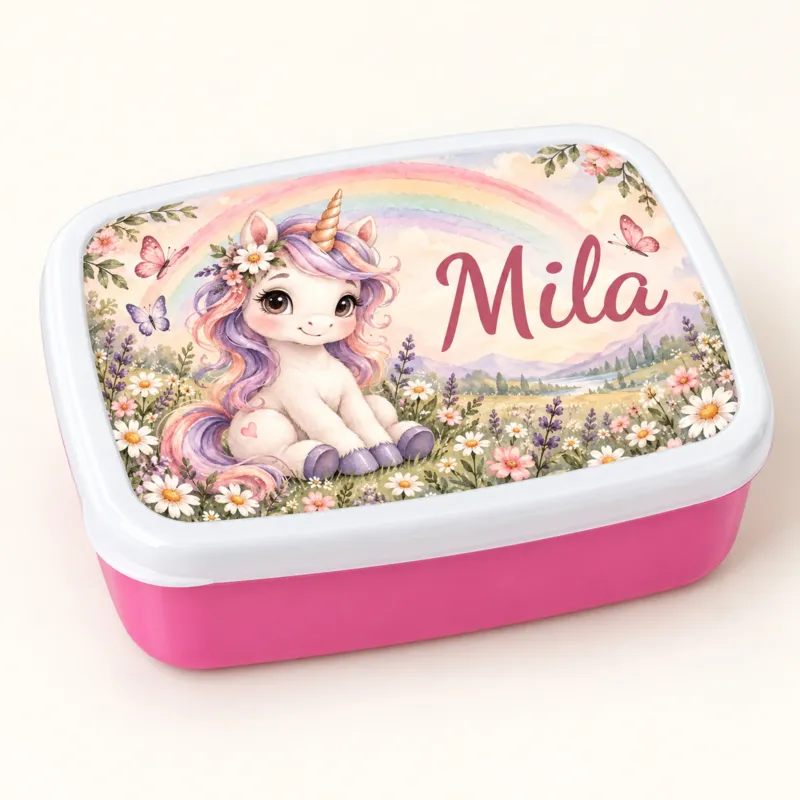 Personalisierte rosa Brotdose Einhorn im Regenbogengarten mit Beispielname Mila: Hauptbild