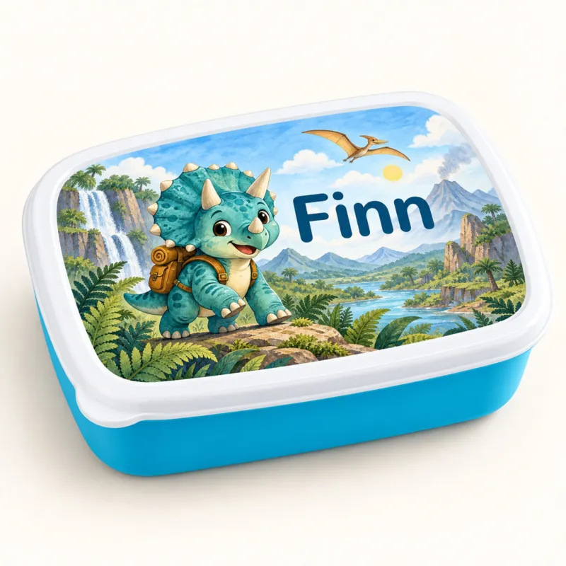 Personalisierte blaue Brotdose Dino-Entdecker mit Beispielname Finn: Hauptbild