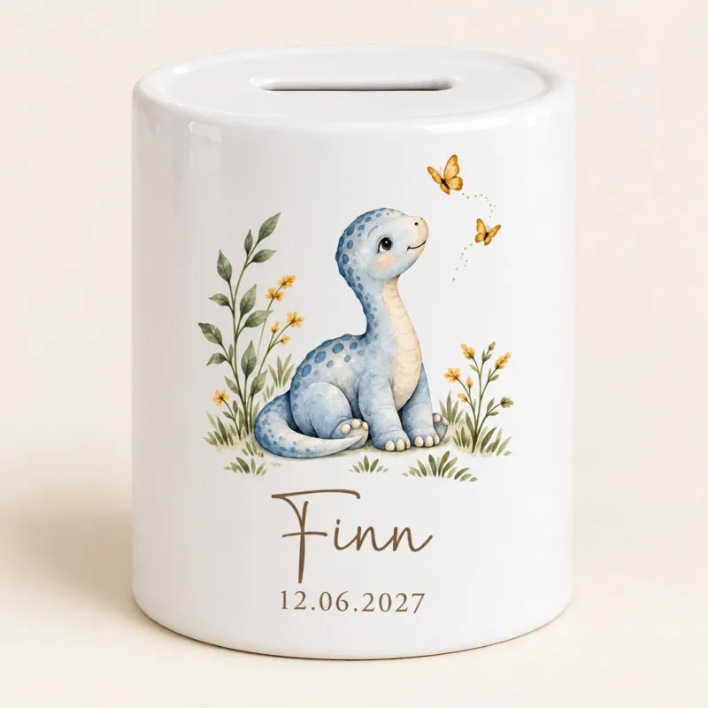 Blauer Dino mit Schmetterlingen: Spardose mit Beispielname Finn und Datum 12.06.2027, Vorderseite