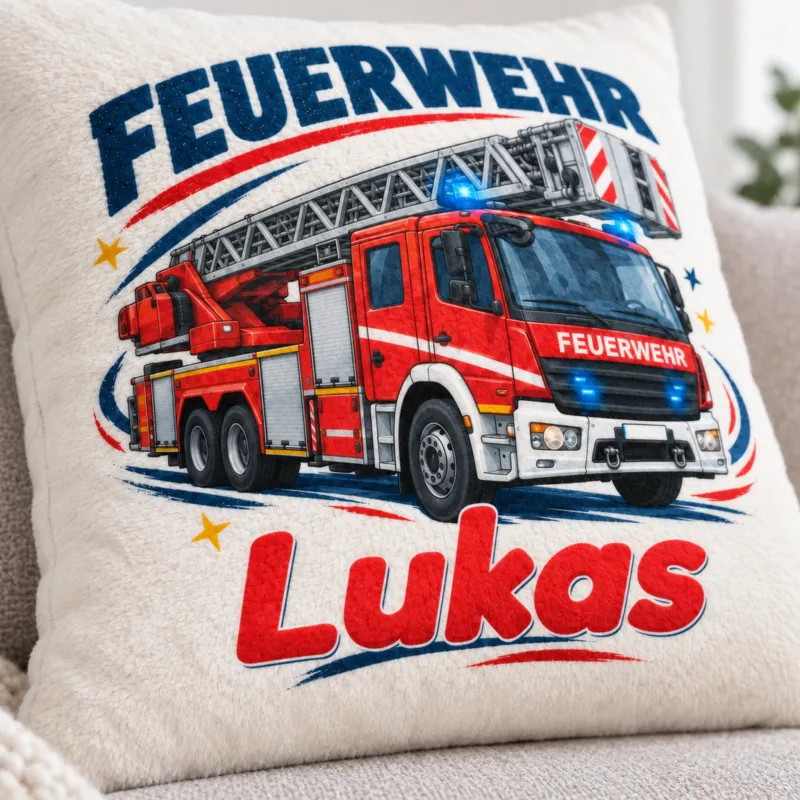 Großes Leiterfahrzeug: Nahaufnahme von Motiv und flauschigem Stoff.