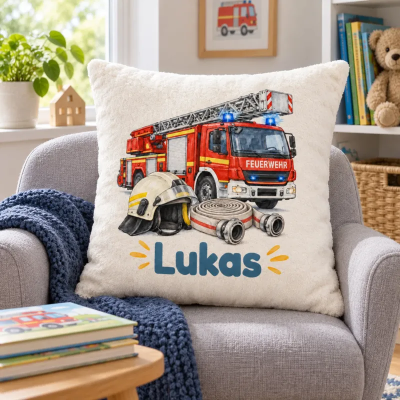 Feuerwehr in Aquarell: Feuerwehr-Kissenbezug in einer Leseecke für Kinder.