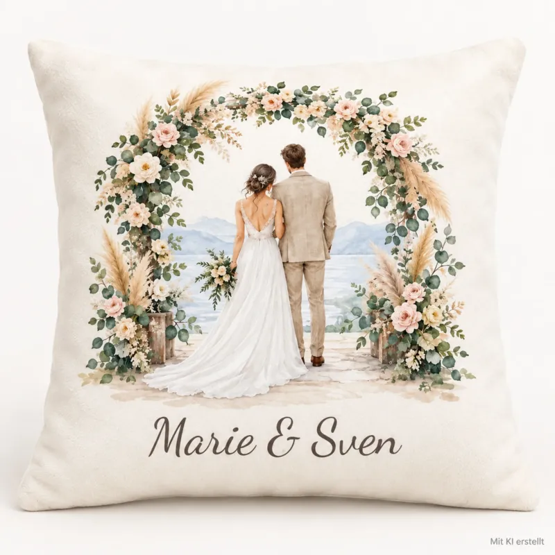 Flauschiger Hochzeitskissenbezug: Brautpaar unter Blumenbogen mit zwei Wunschnamen.