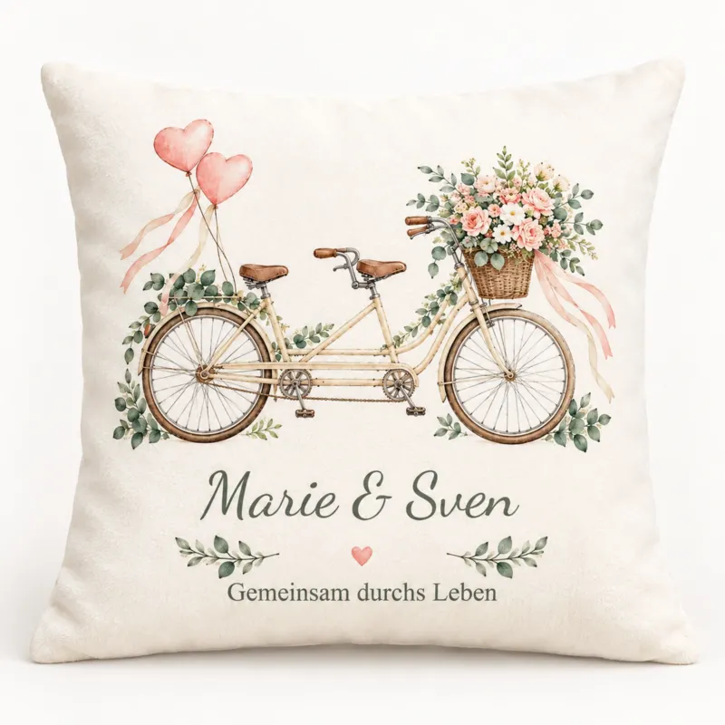 Flauschiger Hochzeitskissenbezug: Tandem mit Herzballons und zwei Wunschnamen.