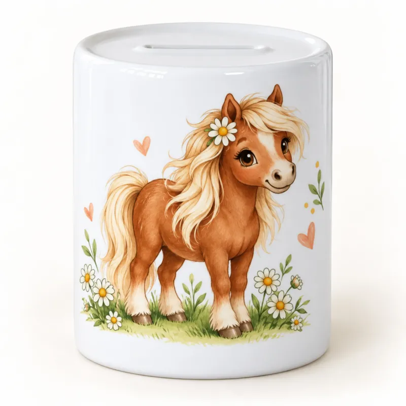Spardose Blumenpony mit braunem Pony, heller Mähne und weißen Blüten vor hellem Hintergrund.