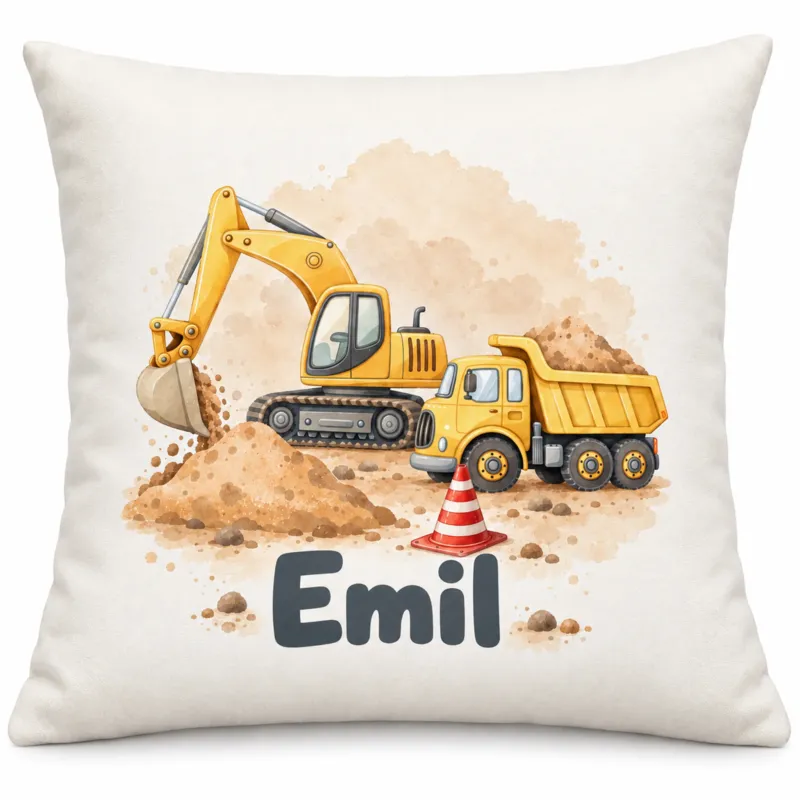 Vorderseite des Kissenbezugs mit Bagger und Kipplaster in Aquarelloptik und Beispielname Emil vor weißem Hintergrund.