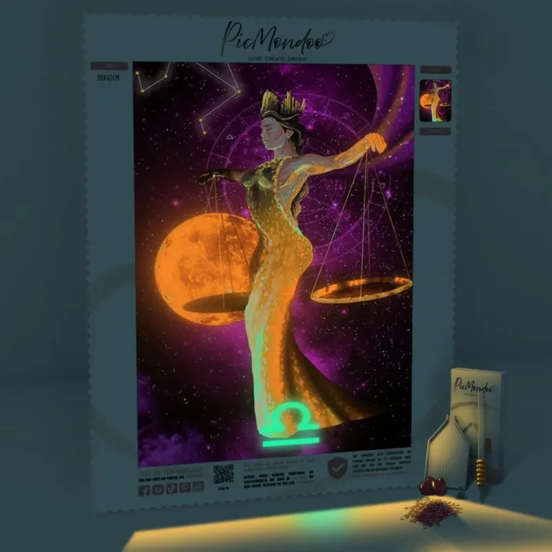 Diamond Painting Set Sternzeichen Waage als leuchtendes Kunstwerk mit glitzernden Steinen auf schwarzem Hintergrund.