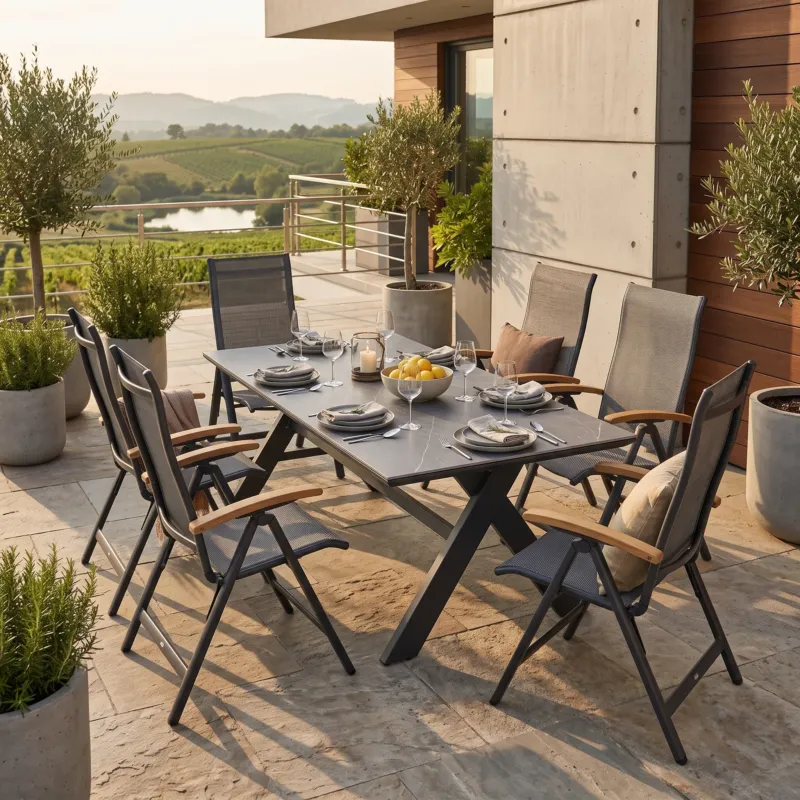 Premium Gartenmöbel-Set „Avantage & Dakar“ – Aluminium Dining Tisch 210 x 100 cm mit 6 Klappsesseln