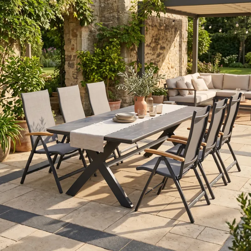 SUMMER SALE ☀️⛱️🏝️ Premium XL Gartenmöbel-Set „Avantage & Dakar“ – Aluminium Dining Tisch 240 x 100 cm mit 6 Klappsesseln