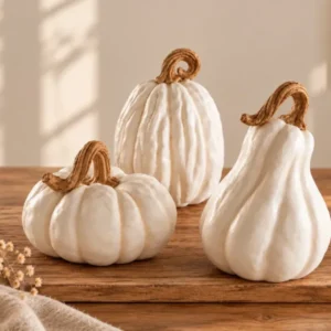 Deko Kürbisse 3er Set in Cremeweiß mit braunen Stielen als moderne Herbstdeko