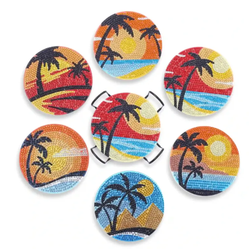 Diamond Painting Untersetzer Set mit Sunset-Love Palmen Motiven und glitzernden Strasssteinen auf weißem Hintergrund