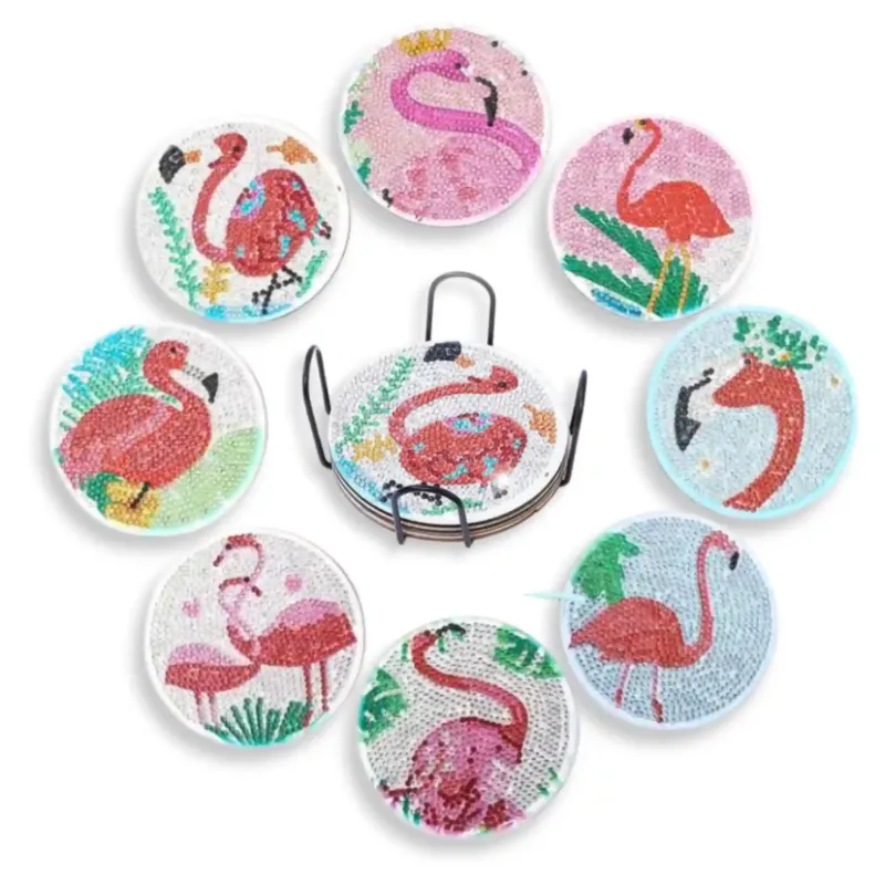 Diamond Painting Untersetzer Set mit bunten Flamingo Motiven und Strass Steinen inklusive Halter